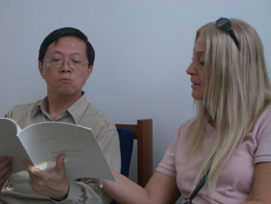 Fr. Paul Chan, S.J., faithful TLIG supporter celebrating Holy Mass for us and discussing the CDF Clarifications booklet with Vassula afterwards