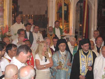 Bishops and priests with Vassula at the entrance of the Sanctuary, after the Liturgy